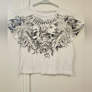 Affliction Women's White Crop Tee with Black Skulls Graphic